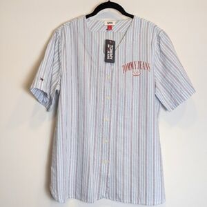 Tommy Jeans Red White Blue Striped Button Down Baseball Shirt Size Medium